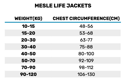 2025 Mesle Life Jackets 0 Størrelsesskema